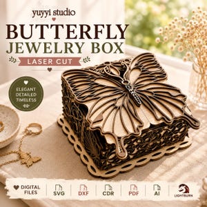 Pode incluir: Caixa de joias de borboleta de madeira cortada a laser com um design detalhado de borboleta na tampa. A caixa é feita de madeira clara e escura. O texto na caixa diz "BUTTERFLY JEWELRY BOX" e "LASER CUT".