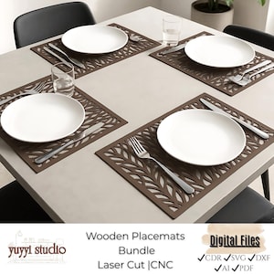 May include: A dining table set with four white plates, cutlery, and glasses on brown, leaf-design placemats. The image includes the text "Wooden Placemats Bundle Laser Cut | CNC" and "Digital Files".