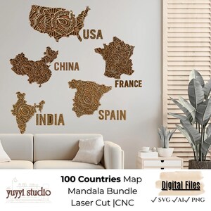 May include: Wooden wall art featuring detailed mandala designs of the USA, China, France, India, and Spain. Each country is labeled with its name. The artwork is laser cut and part of a 100 Countries Map Mandala Bundle.