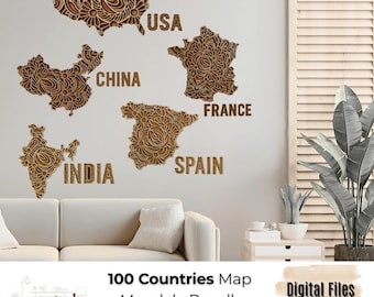 Laser Cut World Map Mandala: 100 Countries, DIY Decor (Digital Download)