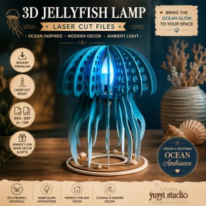 May include: A blue 3D jellyfish lamp made from laser-cut wood. The lamp has a round base and a jellyfish-shaped shade with cut-out details. The text on the image says "3D JELLYFISH LAMP" and "LASER CUT FILES". It is designed for ocean-inspired modern decor.