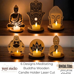 Candelabro de madera con forma de Buda meditando / Portavelas de té cortado con láser / Decoración espiritual para el hogar