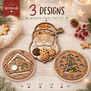 May include: Wooden Santa tray set with three designs. One tray is shaped like Santa Claus, another like a house, and the third is a Christmas tree. Each tray holds treats like cookies and candies. The set is perfect for holiday entertaining.
