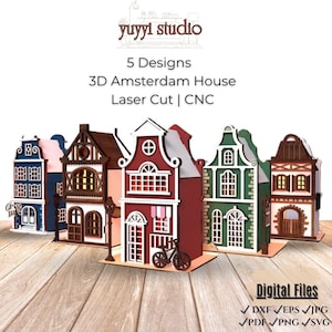 Puede incluir: Cinco diseños de casas 3D de Ámsterdam cortadas con láser en varios colores, incluyendo azul, marrón, rojo y verde. Las casas tienen intrincados detalles de ventanas y puertas. La imagen incluye el texto "yuyyi studio", "5 Designs", "3D Amsterdam House", "Laser Cut | CNC" y "Digital Files".