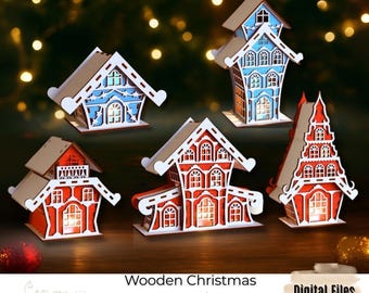 Puede incluir: Una colección de casas de pueblo navideñas de madera con luces LED. Las casas cortadas con láser presentan detalles intrincados, en tonos rojos, azules y madera natural. La imagen incluye el texto "Wooden Christmas Village House/LED Light Laser Cut | CNC".