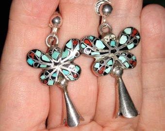 Turquoise Butterfly Mosaic Squash Blossom Earrings Multi-Stone Inlaid Sterling Silver Vintage Statement Dangles