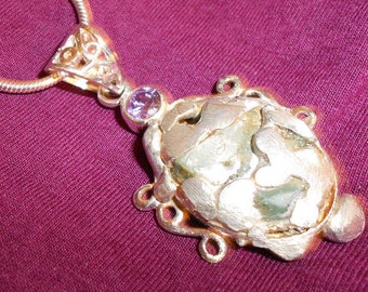 Amethyst/Aqua Terra Stone Molten Pendant in Silver Bezel Metal Art Piece OOAK Earth Goddess Pendant