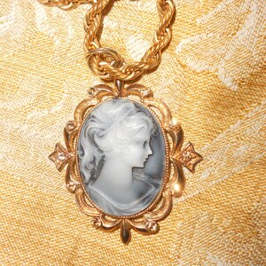 Black Mourning Cameo Pendant Necklace Cabochon Style Black Onyx Color With Rhinestone On Heavy Chain