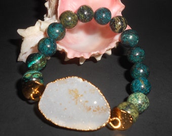 African Turquoise & Quartz Druzy Bracelet Beaded Style Turquoise Bracelet With Beautiful Druzy Focal