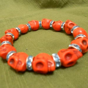 Orange Skull &quot;Nightmare Jack&quot; Bracelet -Dyed Howlite Carved Stone Beads With Crystal Spacers Something Creepy -Something New