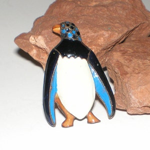 Penguin Brooch with Enameling  Adorable Antique with Great Aged Appeal