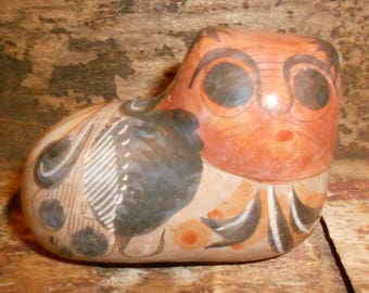 Tonala Cat Burnished Mexican Gato Hand-Painted Folk Art Pottery Vintage Cultural Collectible