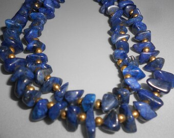 Lapis Nugget Necklace "Blue Moon" Gemstone And Brass Beaded Accent -Elegant Healing Energy Jewelry