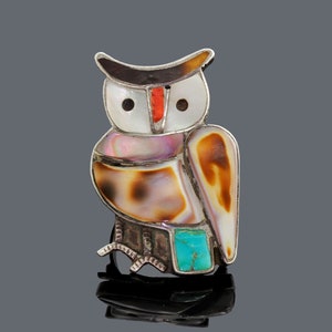 Turquoise Owl Huge Statement Ring Zuni Sterling With Turquoise, Cowrie Shell, Mother Of Pearl, and Spiny Oyster Inlay Size 6 1/4 Gift Boxed