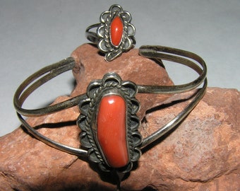 Red Coral Bracelet & Ring Set (Size 6) Navajo Dead Pawn Sterling Silver Vintage OLD Handcrafted