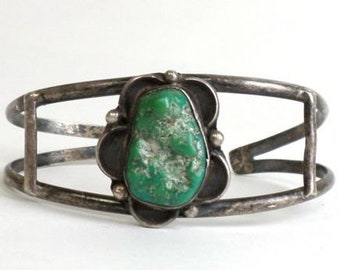 Cerrillos Turquoise Cuff- Stering Silver  Bracelet Navajo Old Pawn Green Turquoise Hand Crafted Jewelry Vintage Unisex Beauty