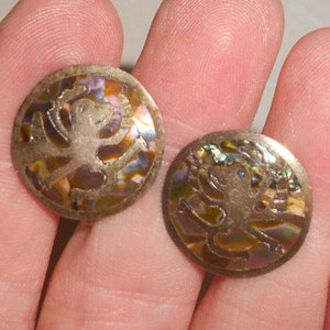TAXCO Ozomatli Aztec Abalone Monkey Earrings Modernist Taxco Sterling Silver Earrings -Vintage Tribal Screw Back Style