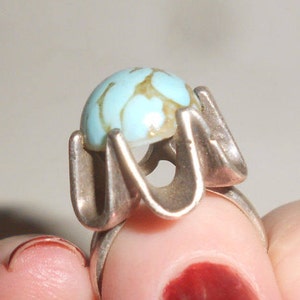 Turquoise Engagement Ring Modernist Atomic Space Age Dome Chic Prong Set Dome Vintage Statement Beauty Size 4-1/2