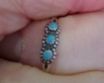 Harvey Era Turquoise Ring Navajo Petite Point 3 Stone With Arrow Stamped  Band-Size 6-3/4 Tribal Cutie