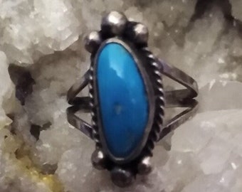 Signed Turquoise Ring-"Cortez P" Fred Harvey Era Vintage Navajo Sterling Silver Collectible Beauty Size 5-1/2 Dead Pawn Native American
