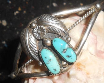 Kingman Turquoise Cuff Sterling Silver Double Stone Squash Blossom Bracelet Navajo Hand Crafted "Desert Flowers" Vintage Beauty