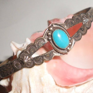 Fred Harvey Turquoise Cuff Stamped Sun Design &quot;Sleeping Beauty&quot; Silver Bracelet Fred Harvey Era Antique Unisex Beauty