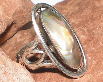 Blister Pearl Ring Abalone & Sterling Silver Ocean Gemstone With Watery Iridescent Shimmer -Vintage Art Deco Style