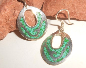 Orecchini a cerchio con mosaico turchese verde TAXCO, orecchini in argento sterling intarsiati - Vintage tribale e hippie chic - ben marcati