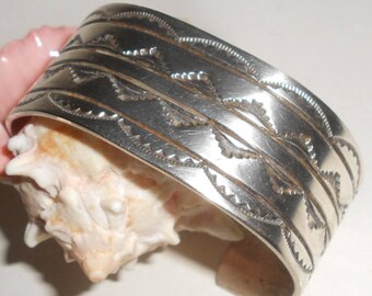 Hopi Sterling Silver On Sterling Overlay Stamped Cuff  Bracelet Hand Hammered & Stamped Tribal Design -Dead Pawn Vintage Unisex Beauty