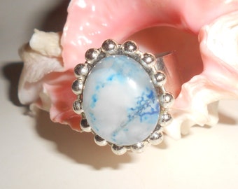 Blue Moss Agate Ring With Beautiful Ball Chain Accent Earthy Fun -Unique and Adjustable Size