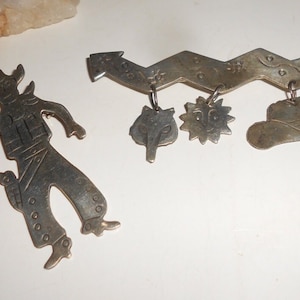 Taxco Cowboy 2 Piece Sterling  Articulated & Etched Brooch Set Collectible Mexican Crafted Large Unisex Pins -Vintage Delights