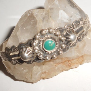 Fred Harvey Green Turquoise Cuff "Ornate Era" Navajo Stamped Sterling Bracelet Collectible Antique Tourist Trade Unisex Beauty