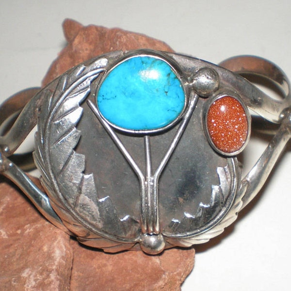 Stormy Mountain Turquoise & Goldstone Cuff UNUSUAL Sterling Feather Bracelet Signed Hand Crafted Vintage Beauty