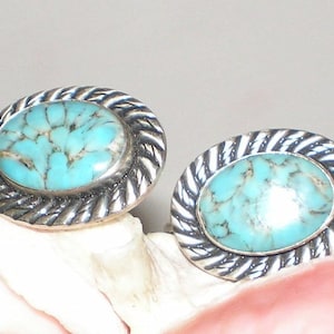 Van Dell Turquoise Earrings Signed Sterling Silver Earrings Vintage Screw Back Earthy Spiderweb Tribal Style Gorgeous Fashion Statement image 1