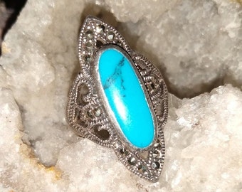 Turquoise & Marcasite Ring In Ornate Light Dancing Setting -Sterling Silver Awesome  Vintage Size 8