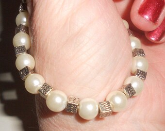 Bridal Pearls & Cubes Grace With Attitude Bracelet Steel Cube Accented Beaded Bracelet Edgy Feminine Bridal Jewelry