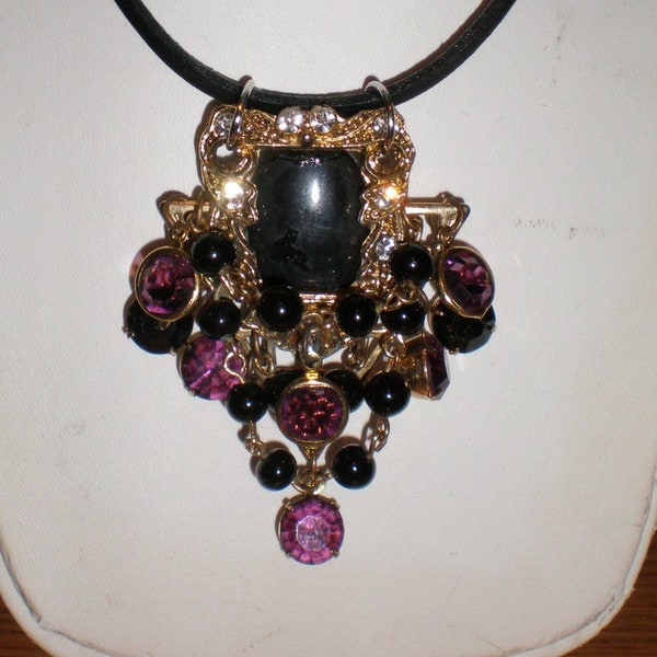 Gypsy Queen Purple Amethyst Pendant With Black Onyx Gothic Necklace -"Purple Rain" Up-Cycled Vintage Assemblage