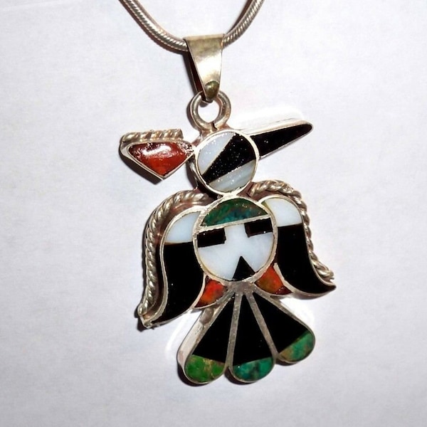 Taxco "Sun Face" Peyote Bird Larger Sized Mosaic Pendant -Turquoise Thunderbird/Hummingbird- Hallmarked Eagle #2 Sterling Vintage Unisex