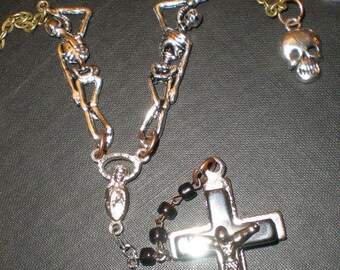 Gothic Rosary Skeleton & Skull Accented Vampire Hunter-Van Helsing Beautifully Tragic Hematite Cross Altered Rosary-Steampunk Crucifix