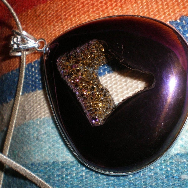 Purple Druzy Pendant Titanium & Sterling Crystal Druzy Window Necklace With Vintage Italian Designer Marked Paolo Romeo Silver Chain