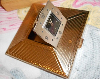 Compact Powder Art Deco Clock RARE Form Gorgeous &quot;Hemes&quot; Square Gold Plated Styling With Working 15 Jewel Swiss Made Clock Mounted In Lid