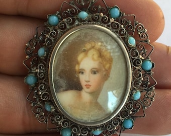 Turquoise Cameo Painted Portrait Antique Watercolor Pendant/Brooch Gouache Lady On Filigree 800 Coin Silver with Gemstone Accent