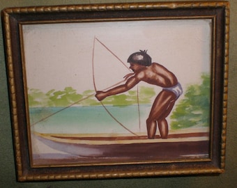 Water Color/Gouache 1941 Painting Amazon Rain Forest Fisherman  -World Traveler Collected Vintage