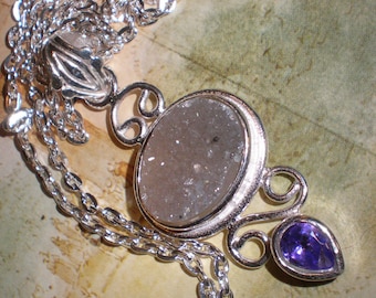 Amethyst Geode Druzy Pendant Vintage 90s Sterling Silver And Natural Agate Druzy Geode Pendant with Faceted Amethyst
