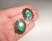 Chrysoprase Earrings Sunburst Navajo Sun Style Concho Stamped Sterling Silver Old Pawn -Bezel Mount Post Back -Gorgeous Green Cabochons