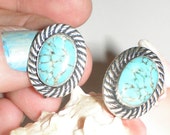 Damele Turquoise Earrings VAN DELL Signed Sterling Silver Earrings -Vintage Screw Back Earthy Tribal Style Gorgeous Fashion Statement