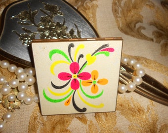 Sold To Francesca-Volupte' Compact Day-Glo Powder Vintage 60s- Brass With Atomic Painted Flowers Classic Compact