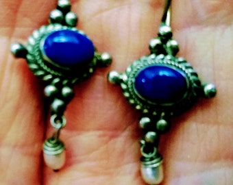 Lapis & Pearl Earrings On Sterling -Vintage Native American Style  Bezel Cabochon With Freshwater Pearl Drops -Bezel Set French Hook Style