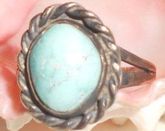 Damele Turquoise Ring Navajo Sterling Silver Variscite Tribal Dead Pawn Vintage Native American Size 7-1/2