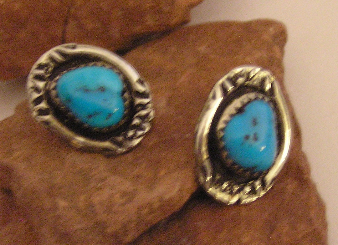 Kingman Turquoise Stud Earrings BOLD Navajo Handstamped Etsy